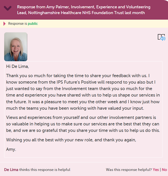 Amy from Notts Healthcare showing her profile picture in her response.